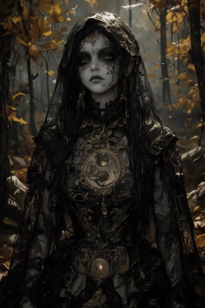 mystical portrait of a dark oracle priestess in an autumnal forest setting. She wears an elaborate black sheer veil and dress decorated with intricate gold embroidery patterns and celestial motifs. The fabric features delicate metallic thread work creating mysterious symbols and constellations. Her face shows dramatic gothic makeup with dark eyes and occult symbols painted around them. A large antique brass medallion pendant with mystical engravings hangs from her neck. The black gossamer fabric of her dress and veil flows ethereally, adorned with tiny crystals that catch the dim forest light. The background shows a misty autumn forest with golden leaves and dark tree trunks. She wears multiple layers of ornate jewelry with mystical symbolism, including moon phases and archaic runes. Face paint and temporary tattoos suggest ritual markings. The lighting is moody and atmospheric, with occasional gleams highlighting the golden embroidery against the black fabric. Fantasy photography style, perfect focus on intricate costume details, dark romantic atmosphere, mystical elements, professional lighting emphasizing the mysterious mood,Hyperrealism &Surrealism,Gothic,corpsepaint,1girl