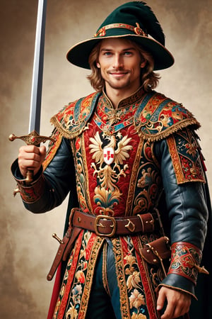 A 1man, handsome face,smile, Landsknecht, a medieval Swiss mercenary, stands tall with a sword in his hand, exuding strength and power, dressed in a gaudy elaborate leather outfit, feathered hat and flowing cloak, all adorned with intricate patterns and decorations, a masterpiece of craftsmanship.,Handsome boy,