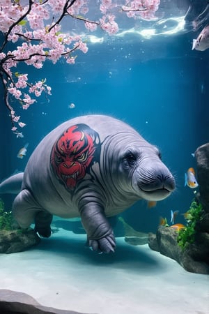 A large manatee floats gracefully in a spacious aquarium tank. Its grey skin is adorned with intricate Japanese-style tattoos. On its back, a fierce oni (Japanese demon) mask is inked in bold red and black, with golden accents highlighting its horns and teeth. Delicate pink cherry blosssom branches with drooping flowers stretch across the manatee's sides, creating a beautiful contrast to the oni. The tattoos appear to shimmer and move with the manatee's skin as it swims. Crystal-clear water surrounds the creature, with small bubbles rising. Soft blue lighting illuminates the tank, enhancing the tattoos' colors. Other fish dart around the manatee, some pausing to investigate the unusual sight. Aquarium 