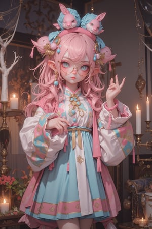 A cute and creepy cosplay of a Chinese Jiangshi (prancing vampire) with a kawaii twist. The character wears a traditional Chinese outfit in pastel colors, with a light blue skirt with pink trim and a pale pink top with ornate designs. The outfit is decorated with gold embroidery and tassels,
The character has long, curly pink hair and pointy elf-like ears. She wears a small hat with a pom-pom tilted to one side,
She wears round, oversized glasses that give her a nerdy, cute look,
Her facial expression is a mix of cuteness and emptiness, and her eyes are wide open behind the glasses,
The background is a modern room with gothic elements such as candles and spider webs, which contrasts with the character's cute appearance,
The lighting is soft and dreamy, complementing the pastel colors and eerie atmosphere,
An ultra-detailed 8K resolution cosplay photography style influenced by both kawaii culture and horror aesthetics,Jiang Shi,Cosplay