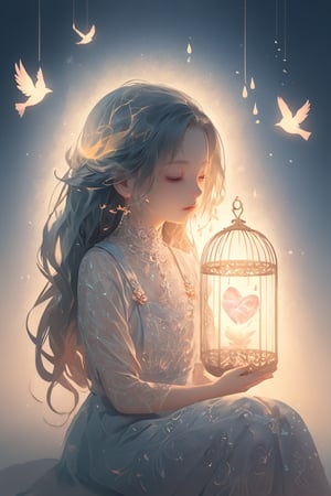 double-exposure:Bird cage and girl,
A delicate and ethereal depiction of a girl, living inside one's heart,The scene portrays a small, serene girl with a soft, gentle expression. She sits peacefully within a glowing, warm light that represents the heart's core. Surrounding her are intricate patterns of veins and ethereal, misty tendrils that symbolize emotions and thoughts. The girl wears a simple yet elegant dress that flows around her, with colors blending seamlessly into the glowing background. The atmosphere is tranquil and dreamlike, evoking a sense of deep introspection and emotional connection. The overall style is gentle and painterly, with soft edges and a harmonious color palette.,niji5,DOUBLE EXPOSURE