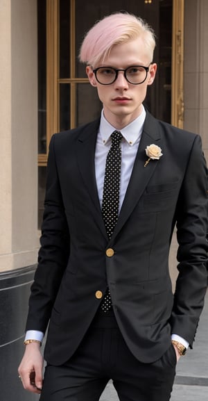 Solo,Realistic photo,albino nasty man, aesthetic French gentleman, emo aristocratic style, short hair, black round glasses,eye shadow,makeup, chic black business suit with polka dot tie,(luxury golden lapel pin chain),
 rose in chest pocket, Slender man with long legs and tall stature,abmhandsomeguy