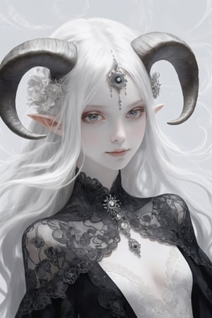 ,(long intricate horns:1.2) ,albino demon girl with enchantingly beautiful, alabaster skin,
A benevolent smile,girl has Beautiful deep black eyes,soft expression,Depth and Dimension in the Pupils,
Her porcelain-like white skin reflects an almost celestial glow, highlighting her ethereal nature,Every detail of her divine lace costume is meticulously crafted, 
Capture the subtle intricacies of the lacework, emphasizing the delicate patterns that complement her unearthly features. From the curve of her horns to the flowing elegance of her dress, 
,goth person,epicDiP,DonMM1y4XL