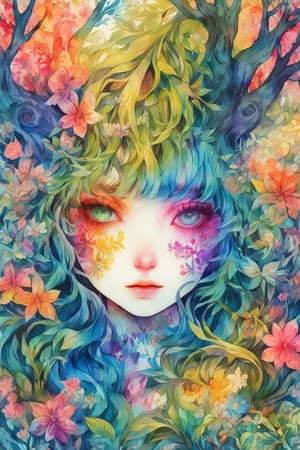 Emo Kitsch design,crazy colorful illustration,shoujyo manga style,Treant, tree with a cute face, a face covered in flowers,(only Face:1.2),
emo,watercolor \(medium\), ,Anime girl,papercut