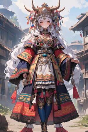 (anime style),1Girl,albino Demon girl,goat horns,pale White skin,pure White long wave Hair,
 in northern Thailand wearing an opulent traditional bridal costume. Vibrant, multi-layered outfit with intricate embroidery and silver coin decorations. Elaborate headdress adorned with colorful tassels, beads, and dangling silver ornaments. Heavy silver necklaces and large earrings frame her face. Richly embroidered jacket in deep indigo with geometric patterns in red, yellow, and green. Wide pleated skirt with bold horizontal stripes and detailed needlework. Ornate silver belt with hanging charms. Embroidered apron with intricate designs. Legs wrapped in indigo leggings with embroidered ends. Traditional cloth shoes with pointed toes. She stands in a misty mountain village with traditional Hmong houses in the background,1girl,lyh,adrr-tsfft