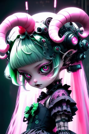 kawaii robotic cyberpunk Lolita girl, with led plastic horns, view from below,Depth and Dimension in the green Pupils, gracefully crystalline cheeks, her attire adorned with intricate pink lace and dark, ethereal fabrics,elegantly complement her elaborate hairstyle, creating a mystical and captivating presence,eyes reminiscent of acyberpunks's gaze, exude an otherworldly charm, adding a touch of fantasy to the Gothic Lolita aesthetic,The fusion of traditional Lolita elements with cyberpunk-inspired details results in a unique and enchanting character,cyber-themed,goth person,lolita_fashion,echmrdrgn, (cyberpunk colors, grunge but extremely beautiful:1.4), dark futuristic background,DonMCyb3rN3cr0XL 
