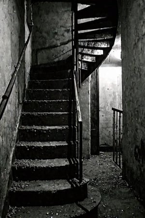 Blurry photo, accidental photofound footage, creepy footage, darkness, stairs, metal stairs, dark spiral staircase, pov,Infrared_photography
