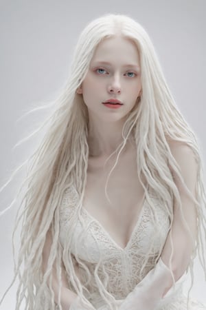 (best quality, 4k, 8k, highres, masterpiece:1.2), A creepy yet intriguing digital illustration portrait of a albino pale young girl, pure white very long dreadlocks hair,
psychedelic long hair, She wears a seductive white lace outfit with white fur accents, embodying the essence of allure and sensuality, ,valent_1314