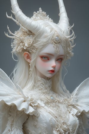 a ball-jointed doll albino demon girl,(Long deer horn: 1.2),
dressed in a cyberpunk-inspired Rococo sexy dress,The doll features intricate joints, allowing for lifelike poses. Her dress merges the ornate elegance of Rococo with futuristic cyber elements. The fabric is a mix of rich silks and metallic materials, adorned with elaborate lace and digital patterns that glow subtly. The bodice is detailed with delicate ruffles and cybernetic embellishments, while the skirt flares out in layers, combining traditional Rococo volume with sleek, modern lines. Her hair is styled in a powdered wig, interwoven with fiber optic strands, ,PIXAR,Ice Dress,LuxuriousWheelsCostume