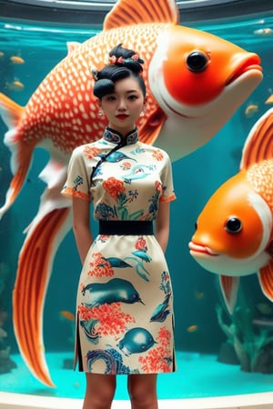 1girl,Young woman, in modern Guochao (Chinese national trend) fashion, standing before a giant aquarium, She wears a chic qipao dress with contemporary patterns, mixing traditional Chinese elements and pop art. Her hair is styled in a modern updo with decorative hairpins. The dress features vibrant colors and sleek cut, blending traditional silhouettes with street style aesthetics. I,ek_real_b00ster