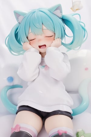 1girl,PVC,Hatsune Mi resin figure, posing cutely with a big yawn. Hatsune Miku has cat-like ears and blue-green twin tails, and wears a white long-sleeved shirt with a small Miku logo on the chest. Miku was also wearing black shorts with soft pastel stripes and thigh-high socks, with only one eye open and her mouth open.
 He looks sleepy. The background has a soft and minimalist feel, giving it a lovely look and a cozy feel. Masu. Emphasizes a relaxed atmosphere. , lyh, ATRFX, resin