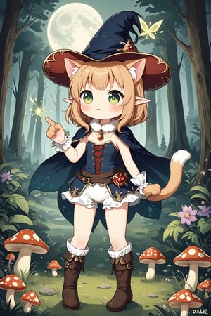 Cute fairy cat,Adorable Cait Sith fairy, dressed as Early Modern European musketeer, feline features with mystical aura, large expressive eyes, whiskers, pointed ears, wearing plumed cavalier hat, ornate doublet with lace collar, cape, breeches, and tall boots,magical sparks around paws, forest glade background with mushroom circles, misty atmosphere, moonlit scene, detailed fur textures, blend of photorealism and whimsical fantasy style,dal-6 style,nanachi
