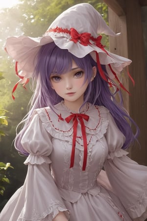 Wonderland,1girl,Beautiful long purple hair,Delicate and detailed depiction of the eyes,
 a charming girl in a Lolita-inspired red and white ensemble,Dress adorned with ruffled lace and delicate ribbons, head adorned with white lace, red witch's hat, dainty bows, dancing in sunny garden,.,a1sw-InkyCapWitch