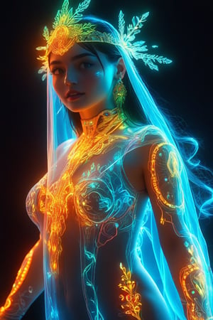 Hologram shaman girl,Nordic Girl, hologram,psychedelic overload covered in intricate neon bioluminescent filigree, black backdrop background, dynamic portrait, hyperrealism, highly detailed RAW color art, bokehrainbow hologram, , futuristic, transparent body,neon tube,rainbow colors,aesthetic,neon photography style,ohwx woman