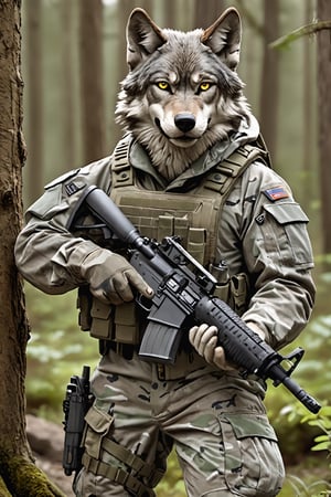 A wolf adorned in modern military gear exudes a powerful and commanding presence. Clad in tactical gear designed for efficiency and functionality, the wolf blends seamlessly into its surroundings with camouflage patterns and durable fabrics. Its keen eyes survey the terrain with precision, while its sharp claws and powerful muscles make it a formidable force to be reckoned with.,anthro,mw,M16 Rifle series