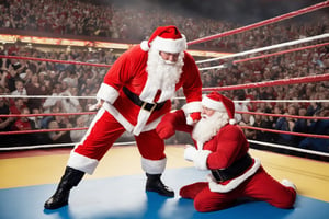 Santa Claus engaged in a fierce wrestling match with an opponent, Envision the wrestling ring adorned with festive decorations, and both Santa and his opponent displaying intense athleticism and action, Capture the excitement of a high-impact wrestling move, conveying the dynamic nature of the match. Optimize for a visually captivating composition that combines the holiday cheer of Santa Claus with the exhilarating intensity of a professional wrestling showdown, creating a festive and action-packed scene