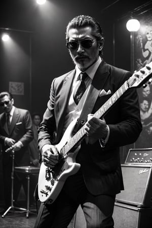 ((monochrome photo)),decadent atmosphere,1 middle-aged man, Handsome yakuza man, White beard, sunglasses, 
A scene from a hard-boiled film noir movie, a dimly lit stage, a yakuza in a sophisticated suit,worn-out suit,nightclub transforms into a world of crime and music when he plays his electric guitar,abmhandsomeguy,halsman