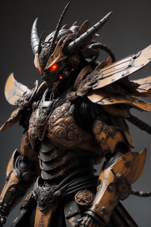A samurai armored in a suit reminiscent of a giant hornet, with sleek, angular plates crafted to resemble the insect's exoskeleton. The helmet features menacing hornet-like antennae, and the mask is adorned with intricate designs resembling the insect's eyes.,warrior,ROBOT