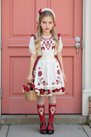 Sweet Lolita coordinate with Nordic/folk art influence. Young girl wearing cream and wine-red Lolita dress with detailed folk embroidery patterns. Dress features puff sleeves, lace-trimmed bodice, and full circle skirt with decorative apron panel. Intricate details include:

Main dress elements:
- Cream base color with wine-red ribbon and bow accents
- Embroidered folk art flowers and patterns in burgundy
- White lace trim on hemline, sleeves, and apron
- Puff sleeves with elastic gathering
- Full circle skirt with petticoat underneath
- Decorative apron panel with heart and floral motifs
- Matching bonnet with lace trim and ribbons

Accessories:
- Matching basket bag with ribbon and floral decorations
- Over-knee stockings with folk pattern print in red
- Red and cream Mary Jane shoes with bow details
- Silver-blonde wavy hair styled with slight curls
- Natural makeup with rosy lips and cheeks

Background:
- Standing against coral pink wooden door
- White painted door frame
- Rustic Nordic aesthetic

Professional Lolita fashion photography with soft natural lighting enhancing the vintage, storybook quality. High detail on fabric textures, embroidery, and lace elements. Nordic/folk art influence visible in pattern choices and color scheme.,ct-vlaoba,aidmafemalecosplay