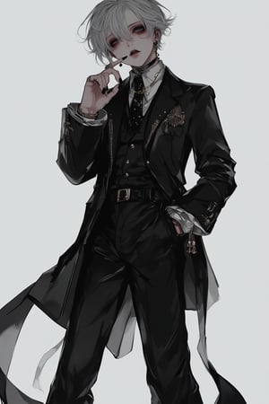 Solo,Realistic photo,nasty man, aesthetic French gentleman, emo aristocratic style, short hair,eye shadow,emo Gothic makeup, chic black business suit with polka dot tie, 
black manicure finger,(luxury golden lapel pin chain), Flower handkerchief in chest pocket, Slender man with long legs and tall stature,Handsome boy,lyh,dal