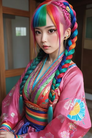 Kitsch maximalism fashion style,1Girl,Beautiful japanese woman, long incredibly intricately braided hair, colorful and overdecorated japanese　dress,enakorin,Rainbow haired girl ,pink-emo