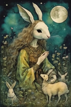 fairy tale illustrations,Simple minimum art, 
myths of another world,Perfect sky, moon and shooting stars,moon on face,
pagan style graffiti art, aesthetic, sepia, ancient Russia,(holy bard),
A female shaman,(wearing a rabbit-faced mask),nodf_xl, in the style of esao andrews,rabbit kissing sheep,
watercolor \(medium\),jewel pet,acidzlime