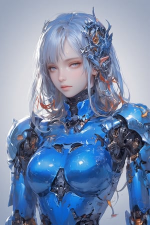 Female cyborg,full body figure,highly polished blue metallic body reflecting light like a mirror surface, Face crafted from pure white alabaster resembling a gothic porcelain doll with delicate features, Large luminous eyes with intricate mechanical iris patterns, Ornate gothic hair ornaments made of alabaster and silver filigree with small mechanical details, Long flowing synthetic hair styled in elegant victorian curls, Multiple vivid cables extending from neck area in bright red yellow and white creating a dramatic contrast against blue body, Cables have a glossy plastic finish and gentle curves like ribbon streamers,Body constructed of smooth curved panels with visible joint sections, Mirror-finish blue metal reflecting environment creating complex light patterns, Mechanical parts visible at joint areas with precise technical details, Graceful feminine proportions with elegant posture, Doll-like hands with visible mechanical articulation at fingers, Gothic-inspired design elements integrated into mechanical parts, Subtle LED lighting effects in eyes and joint areas, Expression serene and doll-like yet hints at artificial intelligence, Contrast between cold mechanical body and delicate porcelain features, Interior mechanical parts glimpsed through strategic transparent panels, Metallic surface transitions seamlessly to porcelain features at neck area,PorcelainDollPrincess,\mechako\