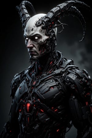 Bust-up portrait of Caucasian male cyborg vampire. Predominantly black cybernetic body with visible mechanical parts, wires, and glowing tech elements. Pale, ashen face with vampiric features. Completely white eyes, no iris or pupils. Demonic goat-like horns protruding from forehead, curving backwards. Crown of barbed wire wrapped tightly around head, digging into skin. Long, sharp fangs visible. Neck area shows transition between synthetic skin and mechanical components. Harsh, dramatic lighting emphasizing contrast between pale face and dark body. Sinister, otherworldly expression. Hyperdetailed textures: cold metal, synthetic skin, rough horn surface. Background dark and atmospheric, suggesting gothic or sci-fi setting. Blend of vampire lore, cyberpunk aesthetics, and demonic imagery..,LinzExoboneRobot,