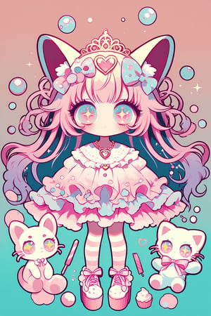 1girl ,vtuber anime character design,love＋peace＋ice cream,big Eyes,Eyes that protrude from the contours of the face,Extremely deformed eyes,
An over-the-top maximalist Vtuber character in hyper-decorative pink Lolita fashion. Her anime-style face features enormous, sparkling eyes in gradient pastel colors, framed by impossibly long eyelashes. Her multi-layered hair cascades in a riot of pastel pinks, purples, and blues, adorned with an excess of bows, flowers, and glittering accessories. She wears a frilly, cupcake-shaped dress in various shades of pink, covered in lace, ribbons, and ruffles. The dress is further embellished with candy motifs, stuffed animals, and miniature tea sets. Multiple petticoats peek out from beneath, each a different shade of pink. She sports striped stockings and platform shoes with heart-shaped buckles, Numerous bracelets, rings, and necklaces adorn her, along with a tiara and cat-ear headphones, background is a dizzying collage of pastel colors,anime style,anime girl,future0615