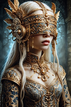 An albino woman, Dressed in intricate lace,((beautifully blindfolded by lace)), shamanism, her presence is mesmerizing, her porcelain skin glistening in the moonlight, sharpening the senses, manipulating ancient wisdom, communing with spirits, her ethereal beauty and mysterious aura evoke awe,,bl1ndm5k