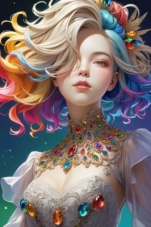 ultra Realistic,1 Girl,((hair over eyes:1.8)), with crazy alternate hairstyle, amazingly intricately hair,((colorful 7color hair)), each braid painstakingly created,decorated with delicate accessories and beads,,aesthetic,Rainbow haired girl ,elegg