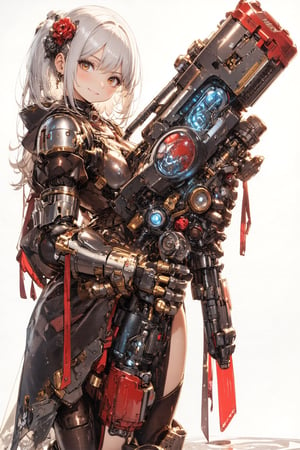 1girl,Anime-style illustration of a fierce young woman, wielding an enormous gatling gun, Character: dual-colored hair, (white and gold twintails), red flower accessories,Outfit: black and red dress with goth-inspired details, thigh-high boots. Expression: determined, slightly cocky smile,Pose: dynamic, holding massive weapon, body turned slightly,
Gatling gun: oversized, futuristic design. Black metal body with red accents and glowing parts. Multiple rotating barrels, complex mechanical details. Gun larger than the character herself,
Color scheme: primarily black and red with white accents,Style: highly detailed anime art, clean lines, emphasis on mechanical designs. Background: plain white, focus entirely on character and weapon.
Additional details: red ribbon-like elements flowing from dress and gun, intricate patterns on clothing and weapon, slight metallic sheen on gun parts. Overall impression: powerful, stylish fusion of traditional Asian aesthetics with futuristic weaponry.,Anime Style,fantasy girl,\mechako\, plasma gun