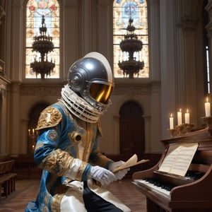 1man, 18th-century European musician, playing a grand organ, wearing a modern astronaut helmet. Ornate Baroque church interior, Candlelight flickers on gilded decorations. Musician's powdered wig and elaborate coat contrast with the sleek helmet, Sheet music on the organ stand. Stained glass windows in background. Photorealistic style, dramatic chiaroscuro lighting.,astronaut_flowers,