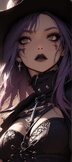 1Girl,Gothic cowgirl portrait, fierce determination in her gaze. Long, flowing purple hair framing face. Dark, smoky eye makeup accentuating intense eyes. Full, pouty lips with dark lipstick. Ample cleavage visible. Black leather cowboy hat with silver studs. Intricate lace-up corset top,black long combat boots
,Ornate silver cross necklace,Dramatic lighting emphasizing facial features. Gritty desert background. Blend of Western and Gothic aesthetics. Hyper-realistic skin textures and fabric details