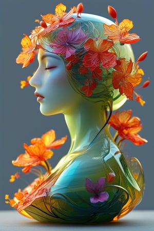 "A translucent glass bust of a woman, exquisitely crafted with smooth, flawless surfaces. The sculpture captures delicate facial features, a graceful neck, and the curve of shoulders. Inside the hollow form, a mesmerizing array of mystical flowers blooms, filling the entire interior. These ethereal blossoms radiate in seven distinct colors - vibrant red, warm orange, sunny yellow, lush green, deep blue, rich indigo, and royal purple. The flowers seem to float and gently swirl within the confines of the glass, their petals and stems creating intricate patterns. Soft, multicolored light emanates from within, causing the glass to glow and creating a prism-like effect on nearby surfaces. The contrast between the clear, solid glass and the vibrant, seemingly alive interior creates a captivating juxtaposition.,hyperrealistic