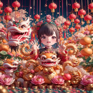 chinese stanning cute Little girl,happy face, chinese greetings hand gestures, kumquat trees,
background with lotus, Chinese dragon,Chinese distich,
new year , coins 
