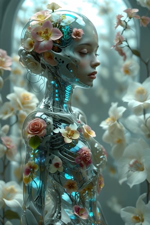 1girl,solo,"Transparent glass female cyborg,
fractal pattern Flowers, Skeleton and organs made of vibrant flowers. Mechanical joints visible. Heart of roses, lungs of hydrangeas, brain of orchids. Flowers spilling from slight cracks. Soft backlighting emphasizing transparency. Elegant pose. Simple futuristic background. Photorealistic style with high detail on glass and floral elements.",Clear Glass Skin,tranzp