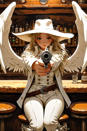  Western saloon,1 Girl,where a little girl dressed in a pure white cowboy costume sits on the counter,pointing a gun at viewer, pistol , Her outfit includes a white cowboy hat, a tailored shirt, fringed jacket, and well-fitted trousers, all in pristine white. Polished boots and a classic belt with a silver buckle complete her look. Adding a touch of ethereal charm, she has pure white wings gracefully extending from her back,AngelStyle,wings,better photography,aesthetic portrait,dal-1,gunatyou,holding gun