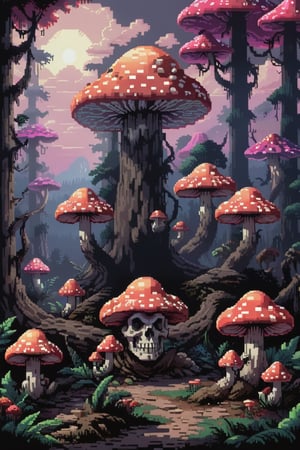 pixel art,
environment), (beautiful scenery), ((mushroom forest)),large mushrooms Forest, 
mysterious light,dark theme,skullhead  poison MASHROOM,
(detailed mushrooms), (red sky), bright sky, outdoor, giant mushrooms, gigantic mushrooms, tall mushrooms, colorful mushrooms, , skull_graphics