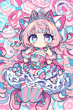 1girl ,vtuber anime character design,love＋peace＋ice cream,big Eyes,Eyes that protrude from the contours of the face,Extremely deformed eyes,
An over-the-top maximalist Vtuber character in hyper-decorative pink Lolita fashion. Her anime-style face features enormous, sparkling eyes in gradient pastel colors, framed by impossibly long eyelashes. Her multi-layered hair cascades in a riot of pastel pinks, purples, and blues, adorned with an excess of bows, flowers, and glittering accessories. She wears a frilly, cupcake-shaped dress in various shades of pink, covered in lace, ribbons, and ruffles. The dress is further embellished with candy motifs, stuffed animals, and miniature tea sets. Multiple petticoats peek out from beneath, each a different shade of pink. She sports striped stockings and platform shoes with heart-shaped buckles, Numerous bracelets, rings, and necklaces adorn her, along with a tiara and cat-ear headphones, background is a dizzying collage of pastel colors,anime style,anime girl,future0615