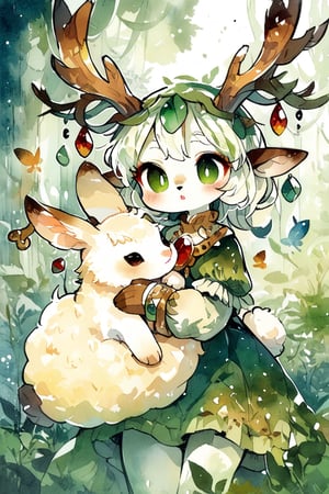 fairy tale illustrations,Simple minimum art, 
myths of another world,
pagan style graffiti art, aesthetic,ancient Russian holy bard,
A female shaman,albino demon girl,(Long deer horn:1.2),(wearing a rabbit-faced mask),nodf_xl, in the style of esao andrews,rabbit kissing sheep,
watercolor \(medium\),jewel pet