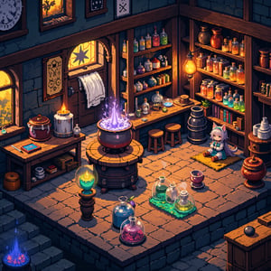 Isometric pixel art ,fantastical alchemist shop, 16-bit style, female anthropomorphic dog shopkeeper, magical potions and ingredients, steaming cauldrons, ancient spell books, crystal balls, glowing runes, floating herbs, colorful liquids in glass vials, wooden shelves filled with curiosities, enchanted artifacts, medieval fantasy setting, warm candlelight, cobblestone floor, cluttered workbench, magical symbols etched on walls, bubbling experiments, mystical smoke effects, cute pixelated characters, vibrant color palette, retro game aesthetic, detailed micro scenes, alchemy apparatus, mortar and pestle, star charts, dragon eggs, fairy dust jars, magical wands, quirky fantasy elements, cozy shop interior, charming pixel details, depth through dither shading, isometric perspective grid, clean pixel edges, no anti-aliasing,Pixel Art,Color,1girl