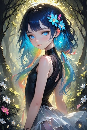  delicate albino Pixie girl,crystal hair,
Beautiful blue eyes, soft expression, (heavy black eyeshadow:1.2), Depth and Dimension in the Pupils,Seven-colored hair that shines vaguely,(colorful hair:1.4),
She stands in stillness, adorned with soft, pale-colored petals and delicate flowers cascading from her hair, creating a dreamlike beauty. Her eyes, silver or pale blue, convey mystery and wonder as she moves gracefully through the enchanting landscape.,zavy-hrglw,Rainbow haired girl 