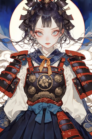 1girl,cute Face,dressed in samurai-style armor,slit pupils,mysterious, narrow, alluring eyes, She wears traditional Japanese armor reminiscent of a samurai, dark blue hakama
,The design blends elegance with strength, portraying her as a warrior princess,warrior,samurai,emo,style of Edvard Munch,Realistic Blue Eyes