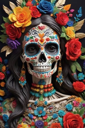 Imagine a stunning skeleton, adorned in the vibrant motifs of Mexican culture, inspired by the traditions of Dia de los Muertos. Painted with intricate designs in bold colors like red, blue, yellow, and green, its bones come to life with floral patterns and symbolic imagery. Adorned with flowers, feathers, and beads, this ornate skeleton pays homage to Mexico's rich cultural heritage and celebrates the beauty of life and death.,skll