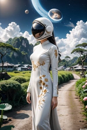 "beautiful girl wearing an Ao Dai, the traditional Vietnamese dress, adorned with delicate embroidery and flowing gracefully,(head is encased in a modern astronaut's helmet), The helmet's visor reflects a scene of serene natural beauty, perhaps a lush landscape or a star-filled sky, adding a sense of wonder and adventure. The background is subtly detailed to enhance the focus on the girl, blending elements of tradition and exploration in a harmonious and visually captivating manner.",astronaut_flowers,aodaixl,anime,ParallelObserver
