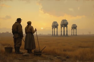 An oil painting in the style of Jean-François Millet's "L'Angelus." ,In the foreground, two peasants, a man and a woman, pray in a field at dusk. A muted, warm, golden sky. Rustic clothing, tools at their feet. Barren fields stretch to the horizon,

In the distance, three Star Wars AT-AT walkers stand, The mechanical shapes of the walkers contrast sharply with the pastoral landscape, but are painted in the same muted, earthy tones that are in keeping with Millet's style. The AT-ATs cast long shadows over the fields, enhancing the gloomy atmosphere of the painting,

Millet's brushwork and lighting are maintained. The soft, diffused light of the sunset, the rich texture of the clothing and the fields. The AT-ATs are painted with the same painting technique, and their hard edges are softened to fit the atmosphere of the original work,

Overall effect: A surreal mix of 19th century French realism and science fiction creates unsettling yet visually cohesive images. Peaceful rural landscapes are saturated with an atmosphere of impending doom from the oncoming war machine.,Medievalx