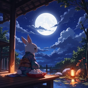 Serene night scene of Tsukimi (moon-viewing) celebration. Magnificent full moon surrounded by wispy oboro clouds in a starry sky. Traditional Japanese garden setting. A cute anthropomorphic rabbit in an elegant kimono with floral pattern, sitting on a wooden veranda. Rabbit gazing at the moon with wonder. Red lacquered tray holding white dango (rice dumplings) arranged in a pyramid. Softly glowing paper lantern nearby. Bamboo stalks and autumn flowers in foreground. Reflective pond surface capturing moonlight. Warm, gentle lighting emphasizing moon's glow. Dreamy atmosphere with subtle mist. Detailed, painterly style blending realism and fantasy. Rich, muted colors with emphasis on silver moonlight and kimono details.,lyh,anime