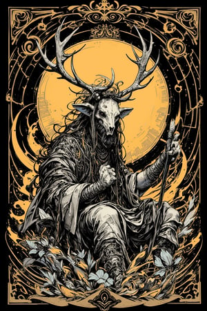 A detailed, black and white illustration of a mystical shaman figure with deer skull headdress. The figure is seated, holding a staff, surrounded by intricate, swirling patterns and nature elements. Long, flowing hair and a beard blend with feathers and fur. The shaman wears elaborate tribal clothing with detailed patterns. A golden Art Nouveau style frame surrounds the central image, with organic, curving lines. Behind the figure is a glowing orange-yellow circular backdrop, creating a halo effect. The overall style is highly detailed pen and ink drawing with stippling and fine linework. Dark background with high contrast. Themes of nature, mysticism, and tribal spirituality are prominent. Hyper-detailed, 8K resolution, ornate illustration style