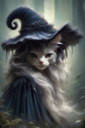 Cat In the mystical realms, meet the Cait Sith, a cat fairy,adorned with a witch's hat, weaving magic in her wake. With sleek black fur and wise eyes, she flutters with grace, leaving trails of enchantment behind. Despite her small stature, she exudes mystery and cunning, a guardian of ancient secrets. With each flick of her tail, she brings wonder and magic to the enchanted forests she calls home.,anthro,a1sw-InkyCapWitch